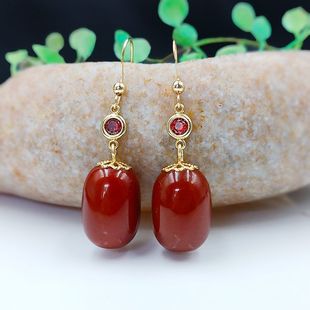 Natural South Red Agate Earrings New All-match Barrel Beads Earrings Original Fashionable Women's Earrings Bag Gold Ear Hook