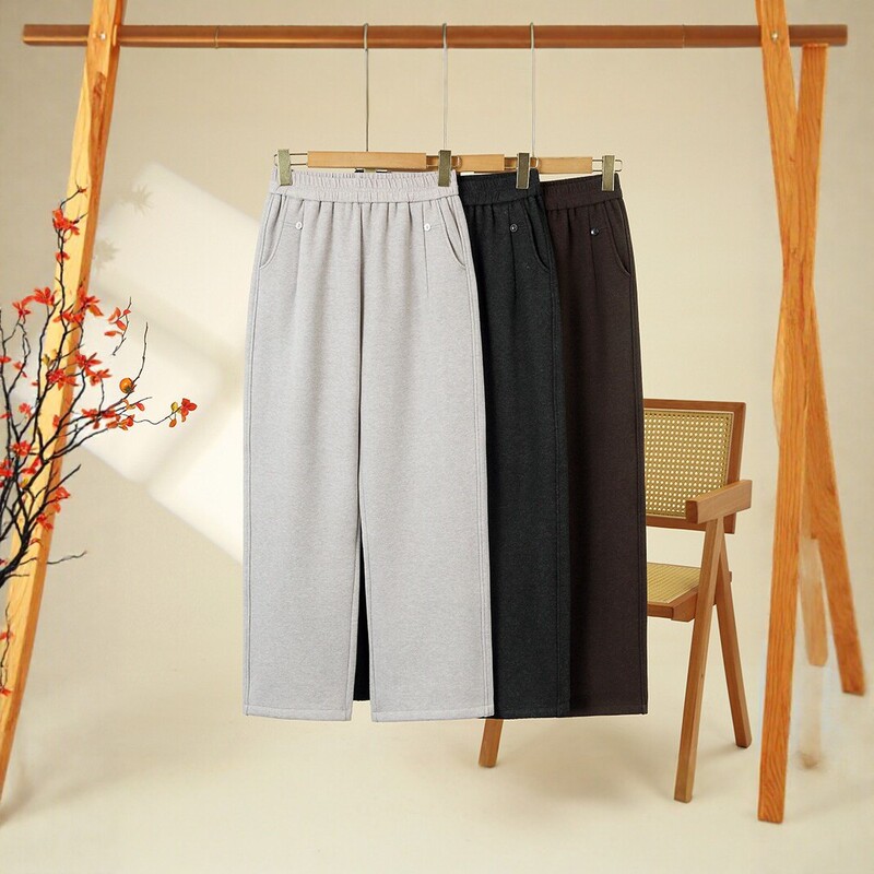 Loose straight-leg casual pants for women, elastic waist, wide-leg pants, suitable for middle-aged and elderly mothers, autumn and winter style, thick and fleece-lined long pants Loose straight-leg casual pants for women, elastic waist, wide-leg pants, suitable for middle-aged and elderly mothers, autumn and winter style, thick and fleece-lined long pants