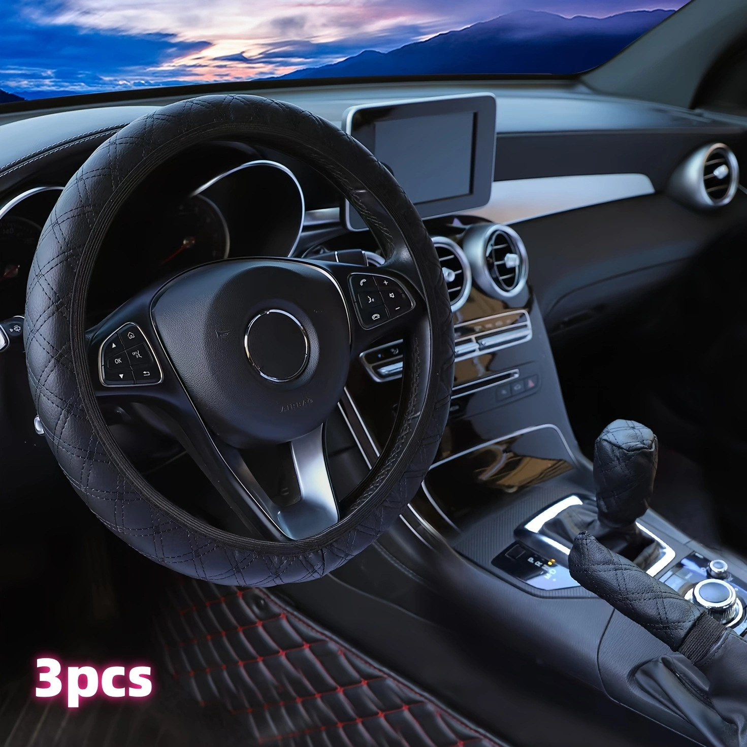 Cross-Border Foreign Trade Specializes in Quilted Embroidered Three-Piece Sets of Car Steering Wheel Covers, Handbrake Covers, and Gear Lever Covers for Amazon, Temu, and Shopee