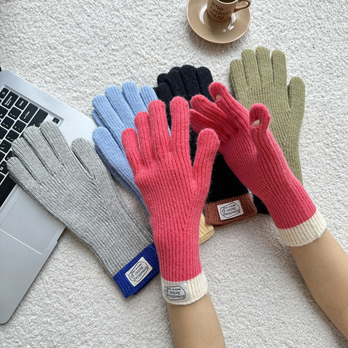 High-Quality Dongmen Contrast Color Women's College Style Finger-Revealing Touchscreen Knit Wool Line Warm Insulated Gloves for Men