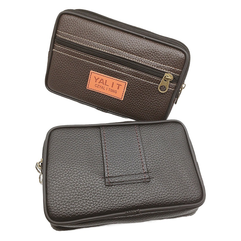 New PU Large Mobile Phone Waist Bag Horizontal Double Pull Wear Belt Hanging Bag Large Capacity Leisure Outdoor for Middle-aged and Elderly