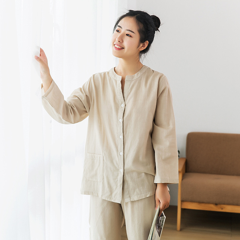 女士睡衣家居服长袖长裤双层纱日系棉双层纱空调房V领无印