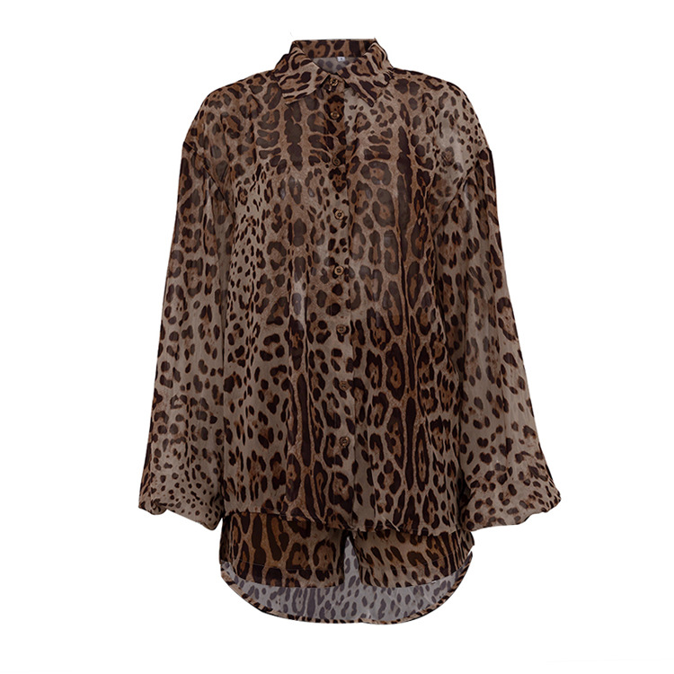 Vacation Summer Leopard Print Loose Outfit Sexy See through Long Sleeves Shirt Shorts Two Piece Set