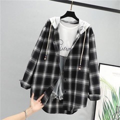 春、夏、秋のチェック柄シャツレディースレトロ香港スタイルインルーズフード付きカーディガンジャケットシャツ