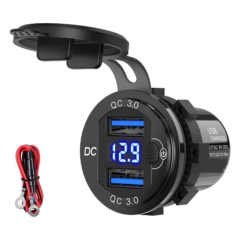 Nuevo coche RV coche modificado aleación de aluminio doble QC3.0 botón electrónico pantalla digital voltímetro Qualcomm carga rápida