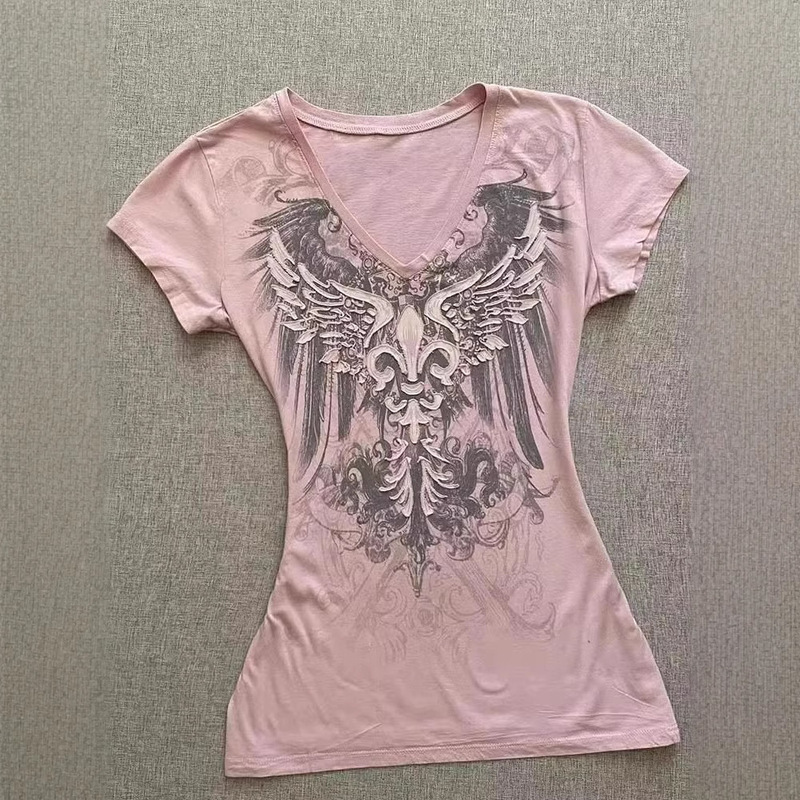 [210g 40 fine cotton 1*1] American retro Vintage antique pink V-neck short sleeve T-shirt women's top