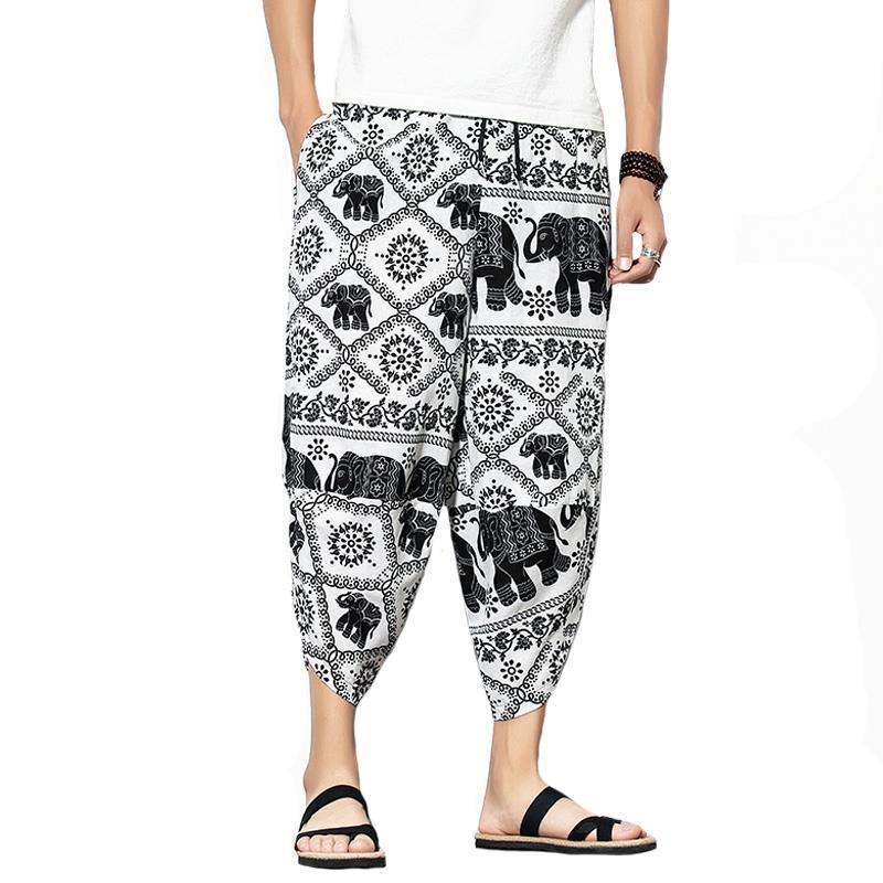 Pantalones anchos de algodón y lino gordo de verano para hombres pantalones de flores recortados sueltos de gran tamaño pantalones de estilo étnico pantalones de elefante tailandés