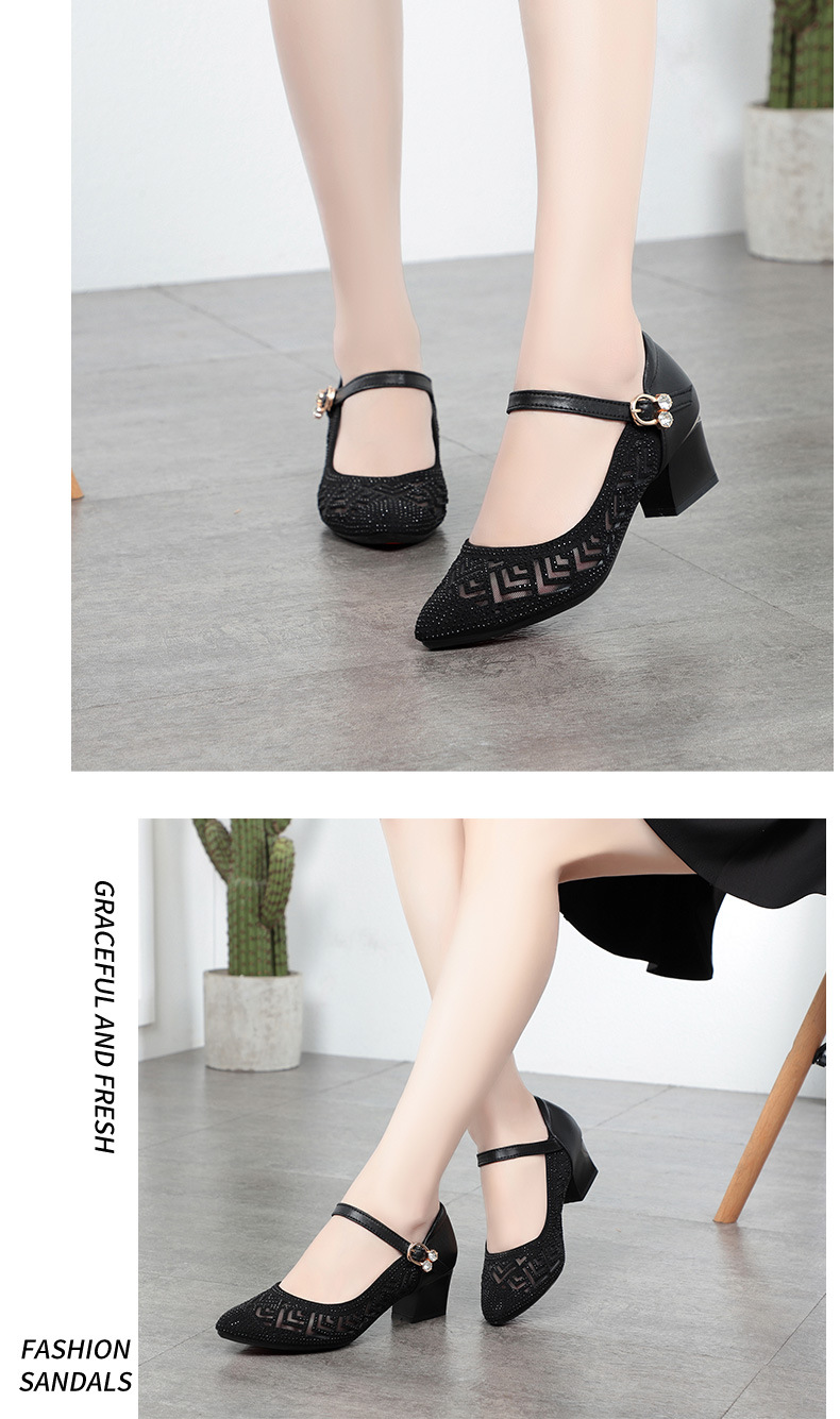 Sandal nữ da thật mũi kín lưới hở gót vuông ổn định — màu đen chi tiết 11