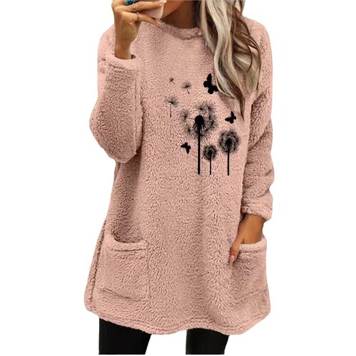 Autumn and winter European and American women's dress round neck loose long-sleeved pockets dandelion embossed double-sided velvet sweater for women
