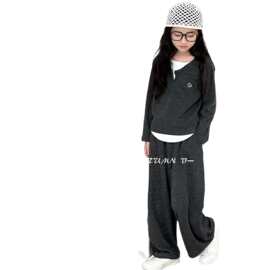 新款女童休闲套装假两件慵懒风阔腿裤女童气质修身长袖一件代发