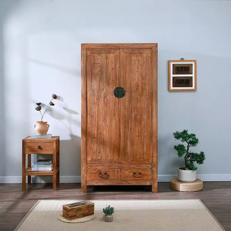 New Chinese Style Old Elm Wardrobe Retro Home Bedroom Hanging Wardrobe B&B Double Door Solid Wood Storage Cabinet with Drawers