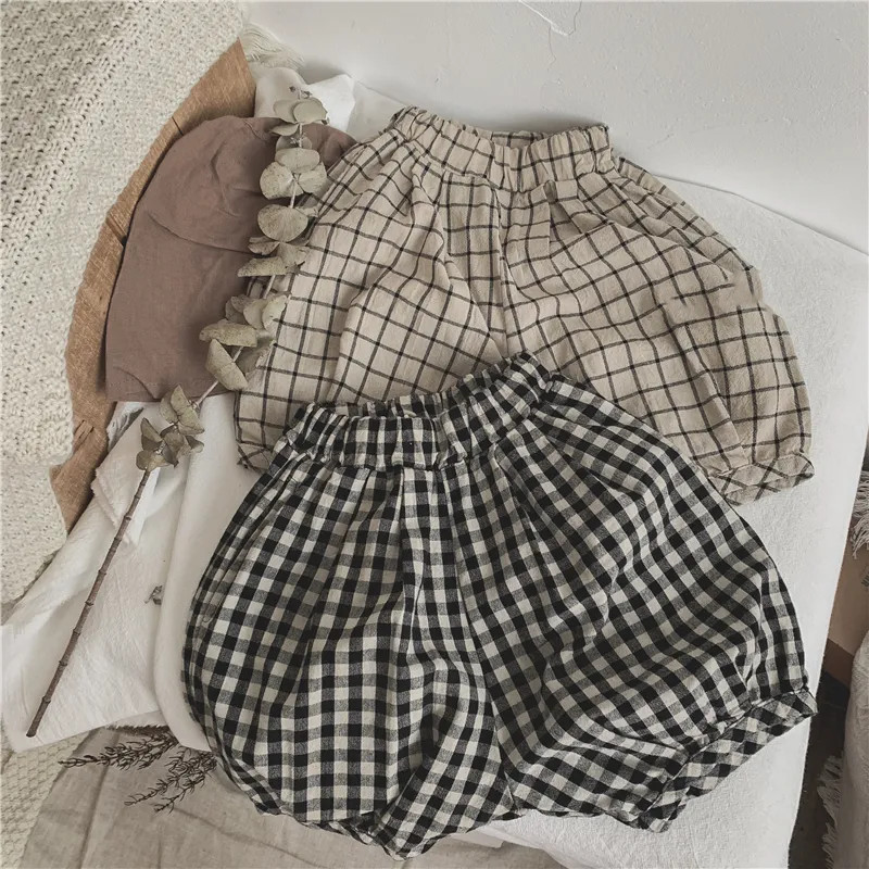2024 Korean Style Trendy Artistic Children's Cute Pumpkin Pants for Boys and Girls, Plaid Cotton Linen Lantern Shorts for Summer