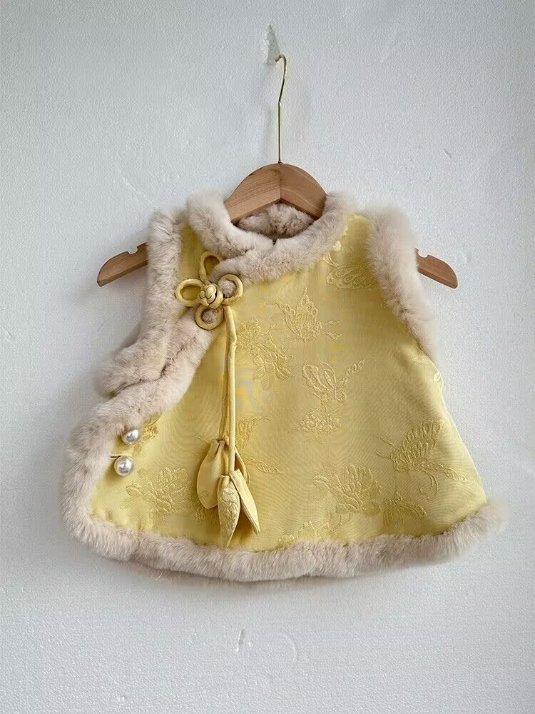 En stock Año Nuevo ropa niñas chaleco invierno estilo nacional cheongsam bebé engrosado chaleco niños Año Nuevo Tang traje superior