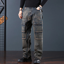 外贸跨境牛仔裤男多口袋弹力脏脏户外裤男嘻哈加肥加大工装牛仔裤