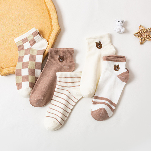 Socks for women, autumn and winter ladies' cute bear short socks, trendy ins student low-cut autumn cartoon Japanese boat socks