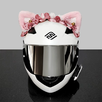 plush cat ears motorcycle – Motosiklet dəbilqələri - free-size-powder-ear-powder-silk-with-white-tail