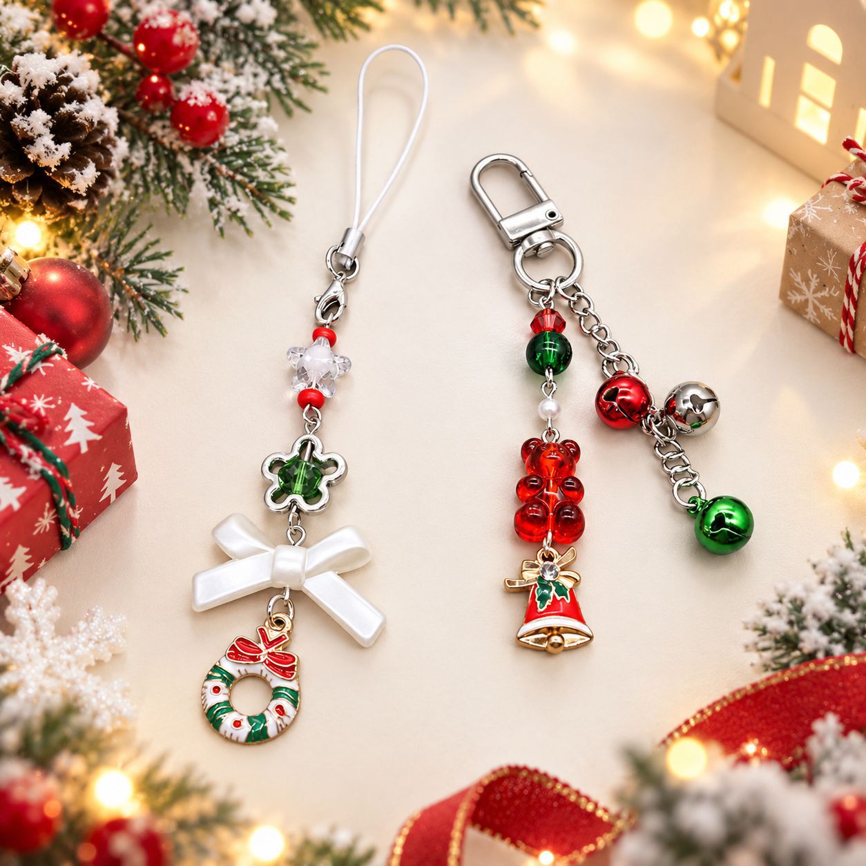 Cross-border Christmas beaded phone chain, featuring a teddy bear, bell, wreath, and bow, a keychain and bag charm, a festive gift