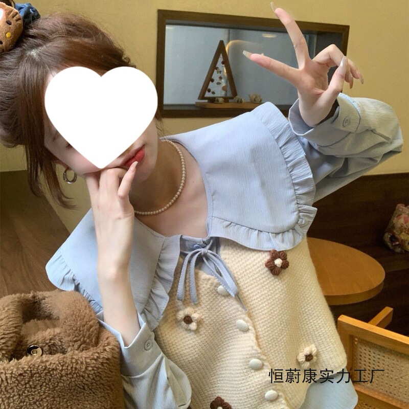 2026 Spring New Style Sweet and Youthful Three-Dimensional Floral Knitted Vest + Doll Collar Long-Sleeved Shirt Two-Piece Set for Women