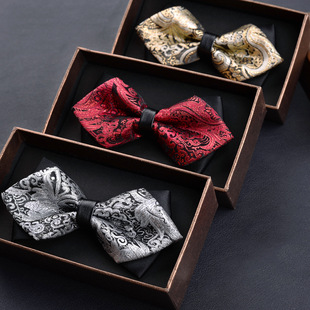 Double-Layered Bow Tie for Men, Formal Wear, Wedding, British Style, Leather Bag, Pointed Bow Tie, Groomsmen, Inlaid with Gold Thread, Wedding Essential