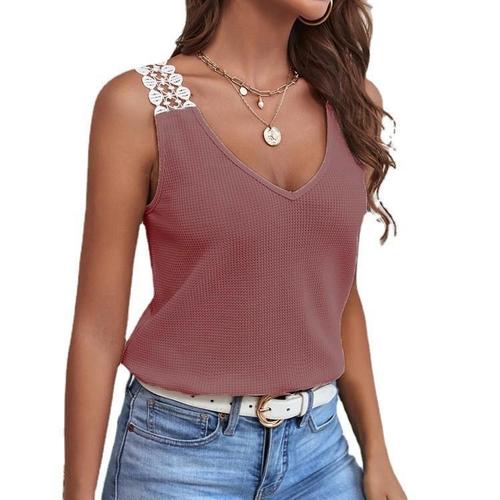 European and American Summer TEMU Women's Solid Color Lace Waffle Stitching Vest Short T-shirt for Women