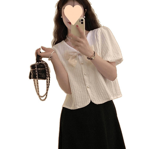 Butterfly knot women's design sense niche summer Korean style gentle sweet bubble sleeve short snow silk top