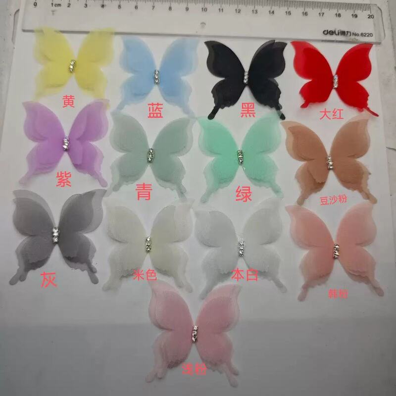 Super Fairy Elegant Stereo Three-Layer Tulle Butterfly Sticky Diamond Butterfly DIY Hairpin Accessories Ready-Made Factory Direct Supply