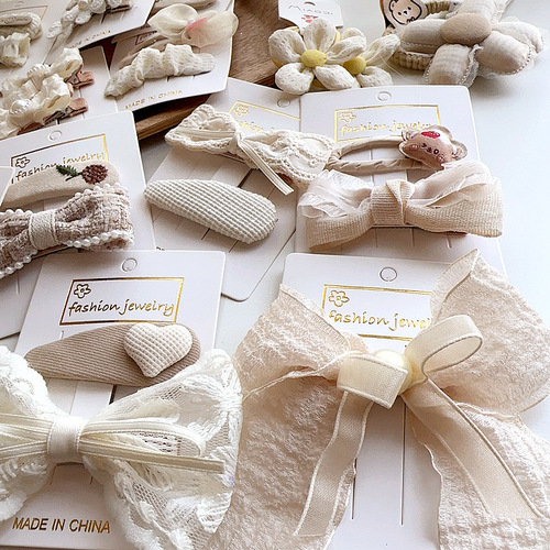 New French retro milk tea color fabric lace bow embroidered flowers children's press clip BB clip rubber band hair accessories