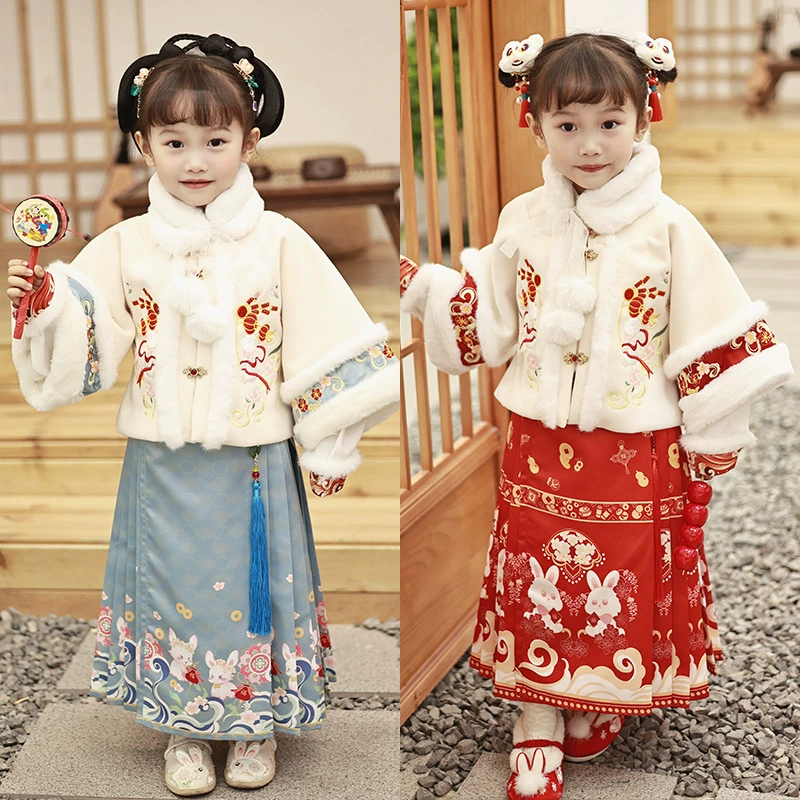 Детский наряд Ханьфу для Нового года, китайский стиль, год Дракона, утепленный костюм Тан, красная праздничная одежда для девочек, зимняя одежда