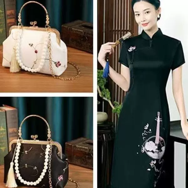 春夏新款国风复古香云纱旗袍手拎包可斜挎中式手工手提包妈妈包包