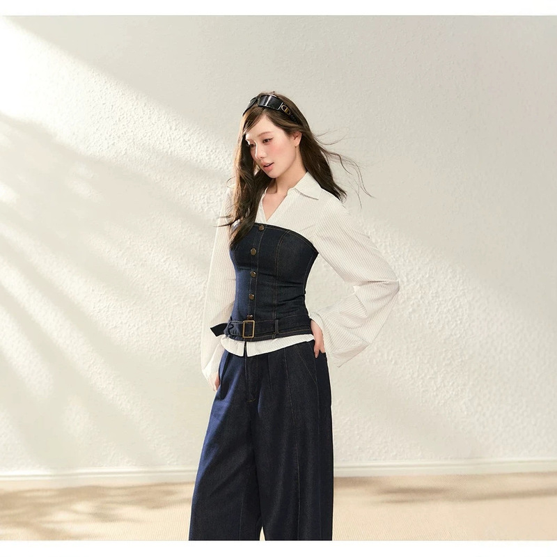POPWEST | Color-block denim camisole top with a collared shirt, a two-piece set with wide-leg pants, style 1731 POPWEST | Color-block denim camisole top with a collared shirt, a two-piece set with wide-leg pants, style 1731