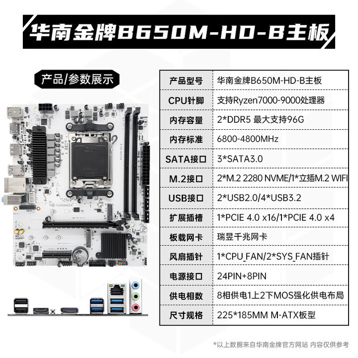 华南金牌B650M-HD-B主板AM5针游戏电脑板支持AM5平台Ryzen7000-9