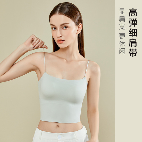Camisole for women with chest pad, ice silk one-piece, anti-exposure, traceless, slim-fitting, breast-covering sleeveless vest as base