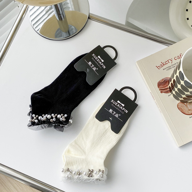 Spring and Summer Lolita Black and White Series Lace Pearl Korean Sweet Girly Style Jk Casual Lady Style Boat Socks