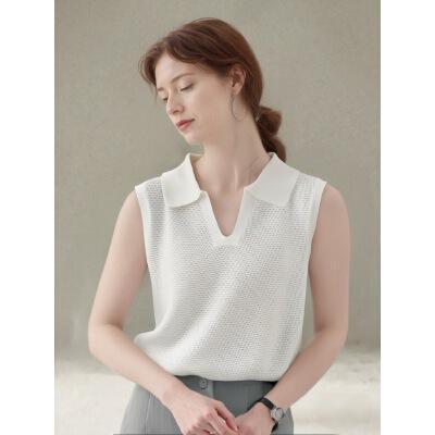 坑条肌理感针织短袖polo领背心女夏新款镂空显瘦无袖上衣|undefined