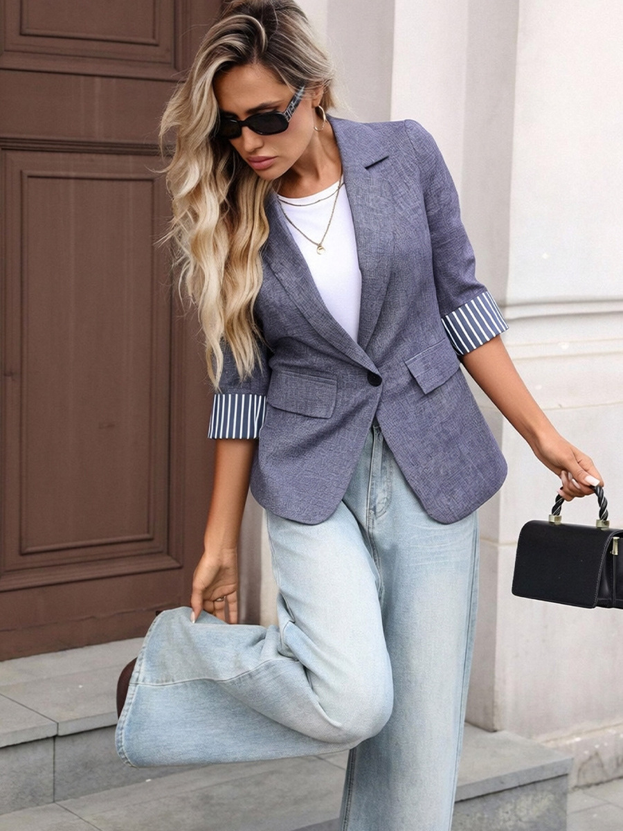 Women's Slim Fit Blazer Quarter Sleeve Single Button Casual Jacket_voghion.com