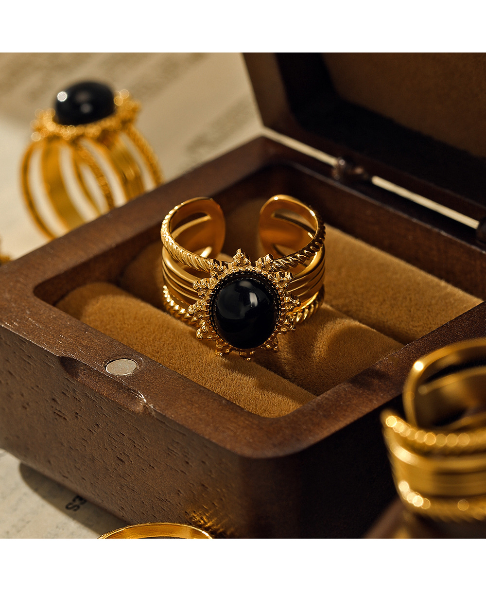 Fashion Geometric Stainless Steel Inlay obsidian Open Ring 1 Piece