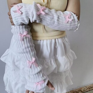 Cross-Border Girls' Jk Bowknot Half-Finger Arm Warmers Knitted Yarn Y2K Cute Fingerless Sleeves Japanese Style