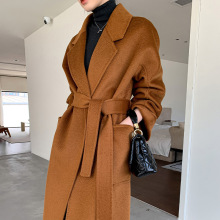 黑色双面羊毛大衣女2022年水波纹气质浴袍系带长款毛呢外套