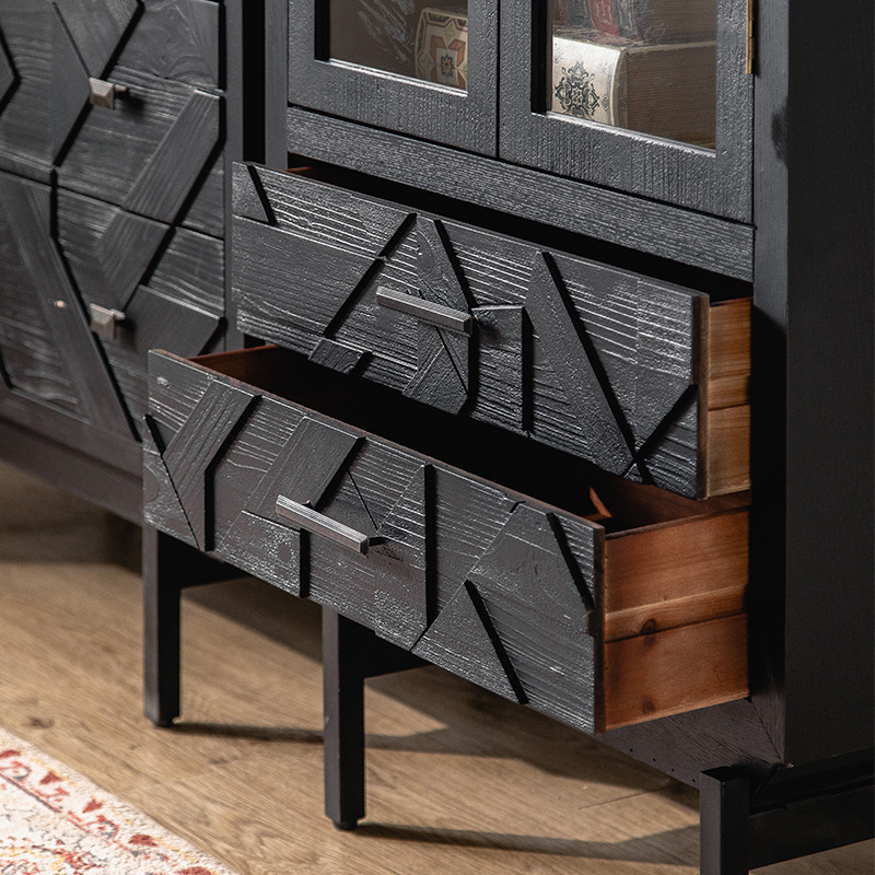 Gabinete de comedor transfronterizo con gabinete de cocina puerta de vidrio contra la pared creativa estantería de piso negro sala de estar mostrador gabinete alto
