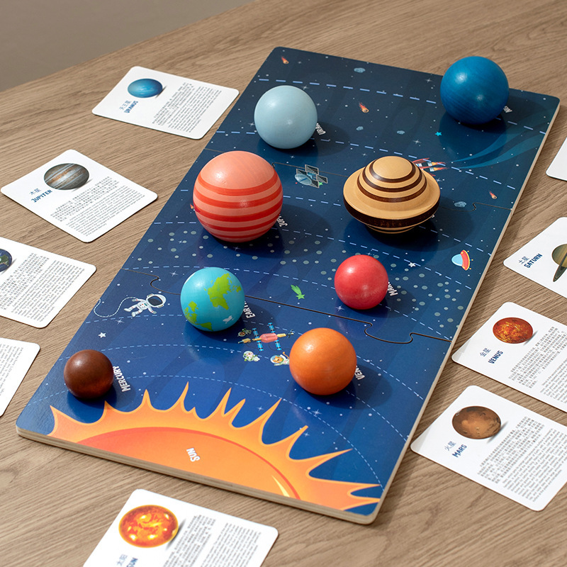 Educación temprana de los niños Montessori ocho planetas a juego rompecabezas tridimensional rompecabezas de madera Sistema Solar bloques de construcción juguetes cognitivos