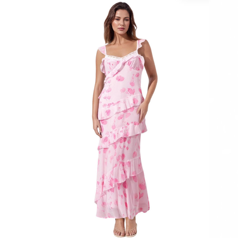 Women's Floral Long Maxi Dress Sleeveless V Neck Layered Ruffle Bodycon Slip Dress Beach Party Floral
