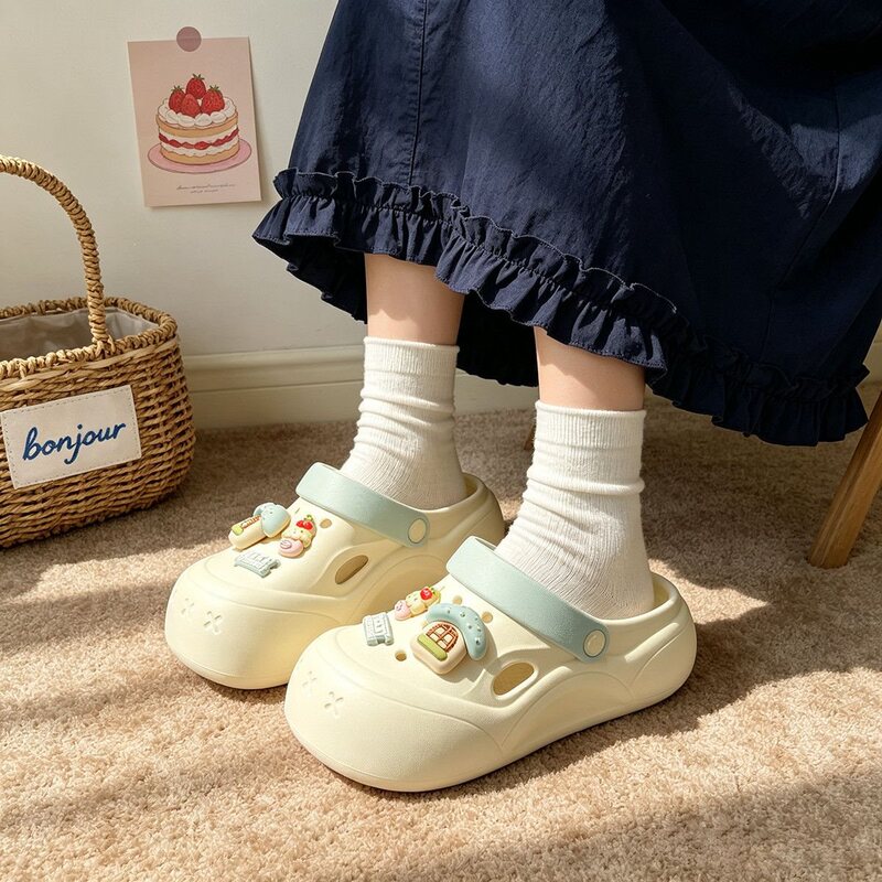 Popular women's summer outdoor beach thick-soled EVA non-slip sandals in cream color
