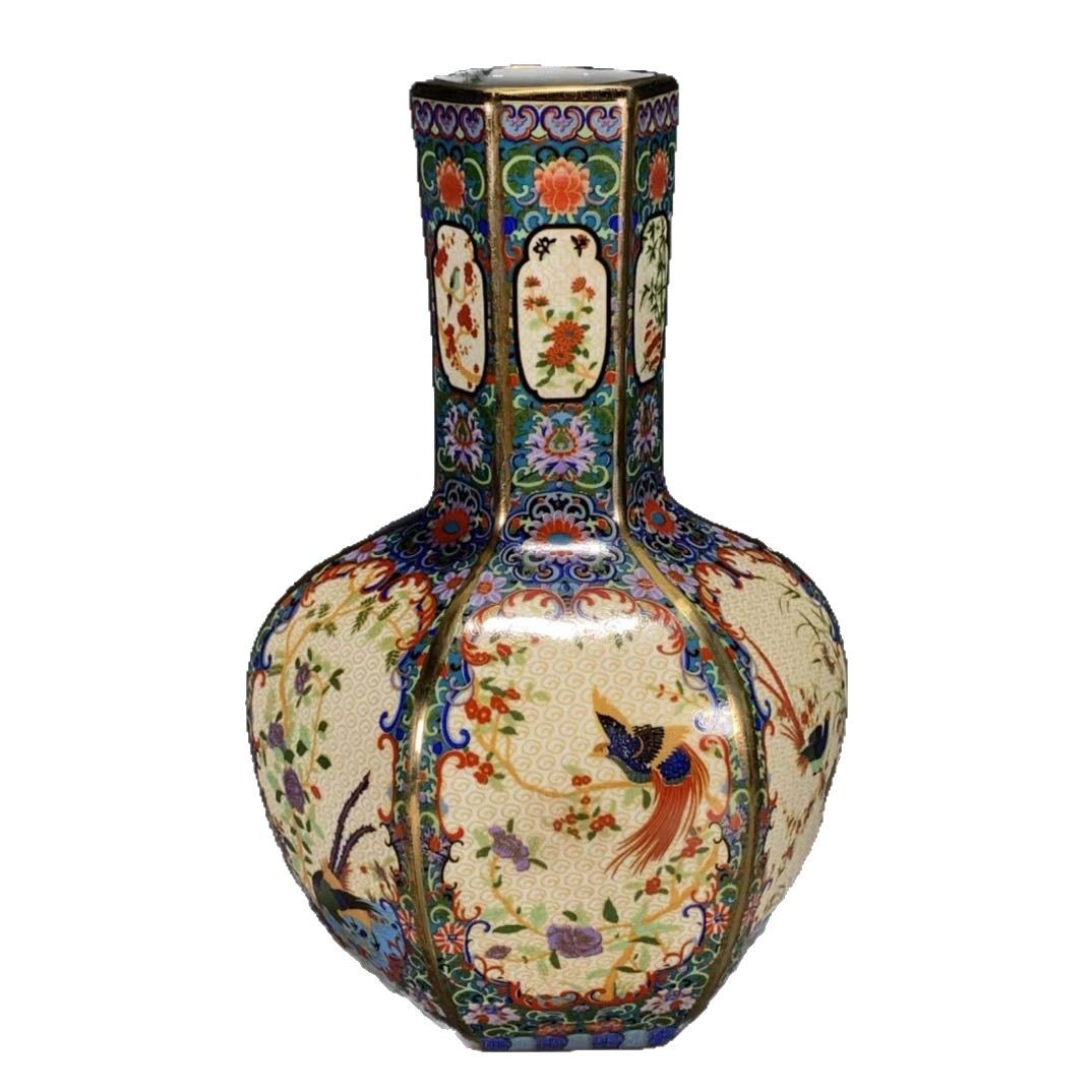 回帰天球 欧州花鳥磁器瓶 雍正粉彩 回帰古物 古物 多角形 清代製 金彩