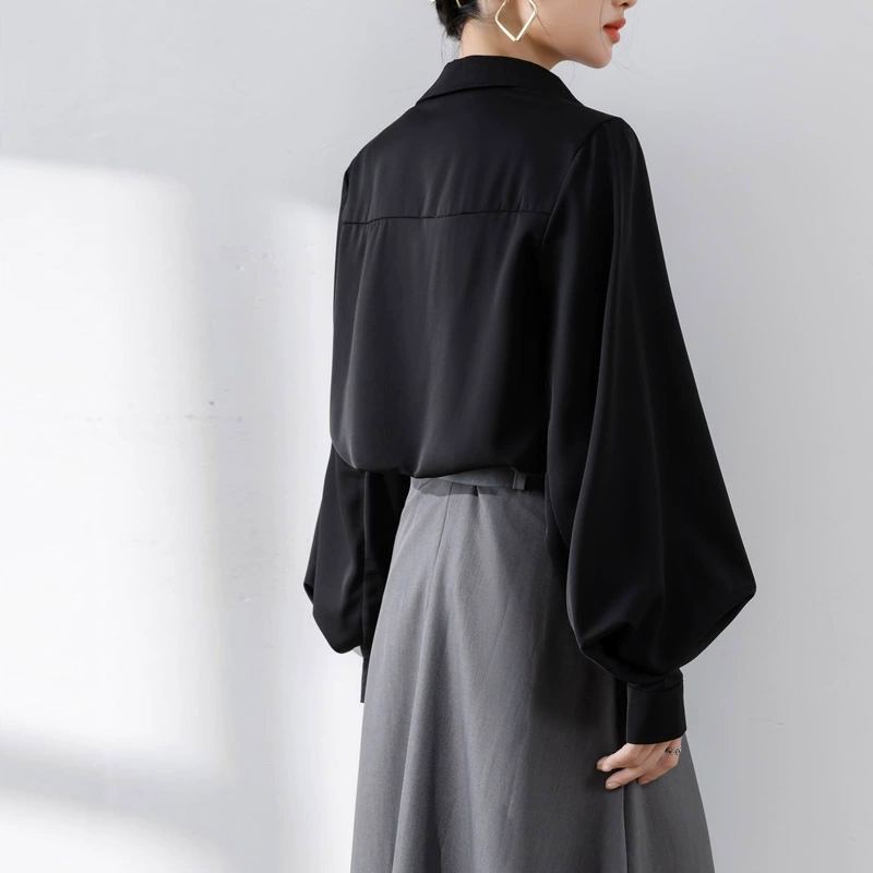 Autumn retro shiffon shirt, flashlight, new collection, V-neckline