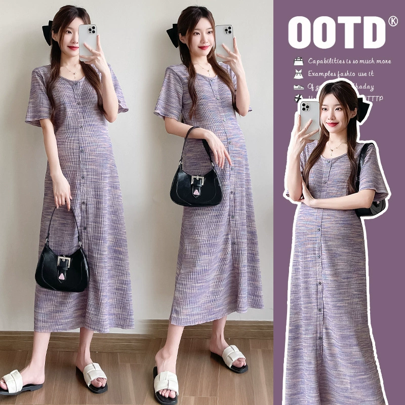 Настоящий выстрел 2024 Летнее ретро поддельное однобортное тонкое тонкое платье Мори дизайн в полоску трикотажное платье