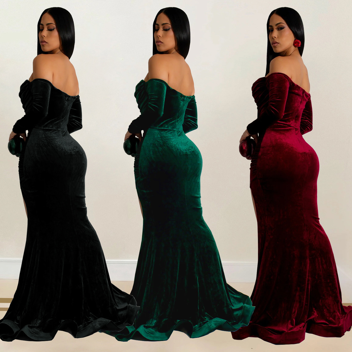 C7157 Aliexpress transfronterizo Amazon Europa y América ropa de moda de mujer de color sólido vestido de noche bifurcado vestido de pecho bajo nuevo image 3
