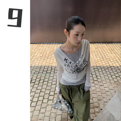 [9hour]美式复古假两件t恤女 2025秋季堆叠感条纹上衣女c250656