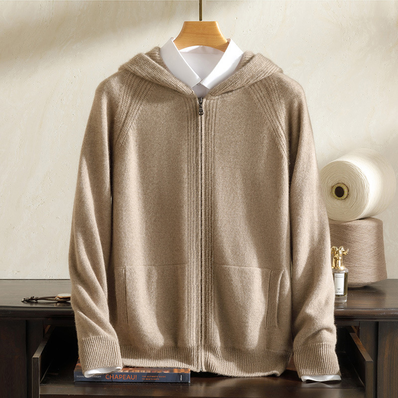 Autumn and Winter Men's 100 Pure Mountain Cashmere Sweater Seven-Needle Thickened Slim Shoulder Hoodie Men's Warm Sweater Coat Men's Knitted Sweater