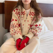 冬装新款 圣诞毛衣~ 复古拉链开衫连帽针织毛衣外套女装