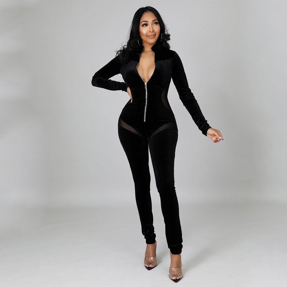 Tight-Fitting Gold Velvet Stitching Long-Sleeved Jumpsuit NSZH93875